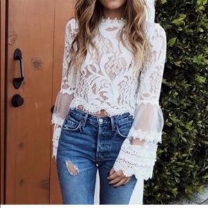 Gorgeous Lantern Sleeve Scalloped Lace Detail Top